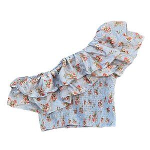 Abercrombie & Fitch Asymmetrical 1 Shoulder Top Size Medium Floral Ruffle Blue